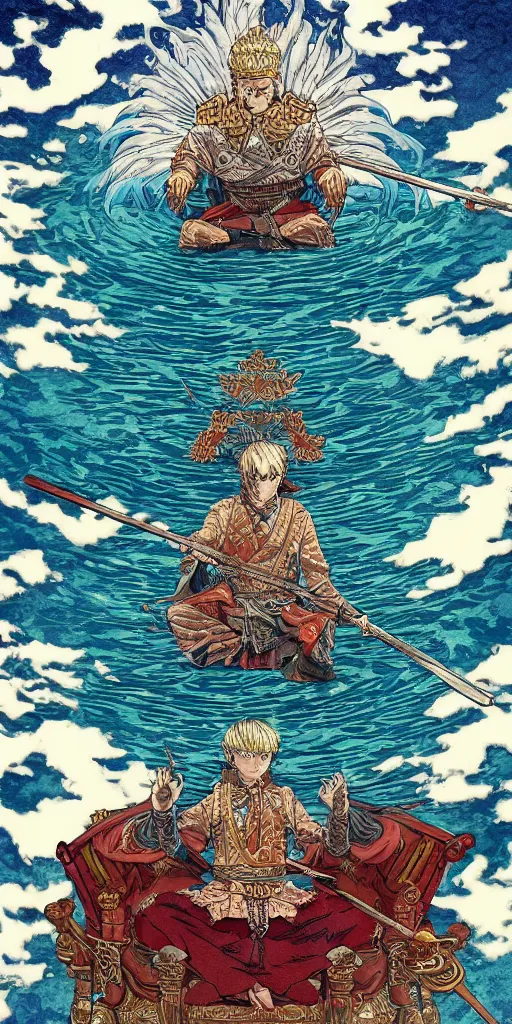 Prompt: a lone emperor sitting on a throne floating on water in the middle of a lake drawn by Makoto Yukimura in the style of Vinland saga anime, full color, detailed, psychedelic