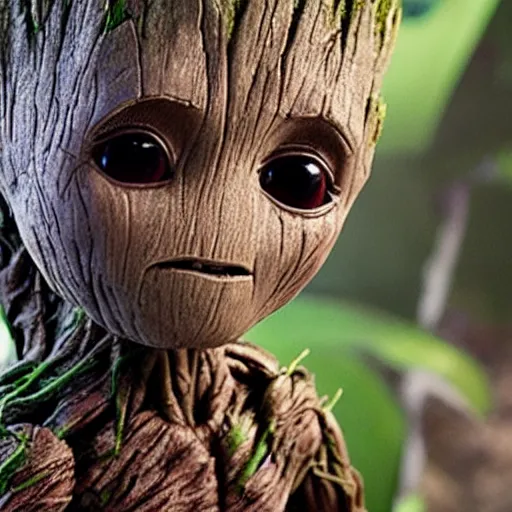 Prompt: baby Groot with adult Groot