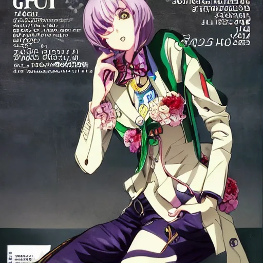 Image similar to Magazine Cover Anime key visual of a Gucci girl; official media; typography; drawn by Hirohiko Araki; Jojo's Bizarre Adventure; Jojolion, portrait, made by Stanley Artgerm Lau, WLOP, Rossdraws, James Jean, Andrei Riabovitchev, Marc Simonetti, Yoshitaka Amano, ArtStation