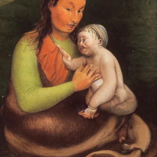 Image similar to human mother nursing a baby with cow teeth