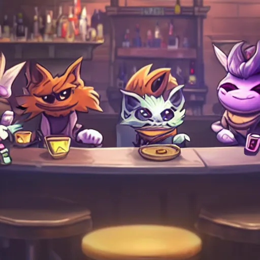 Image similar to yordles from TFT hanging out with his best friends at the bar