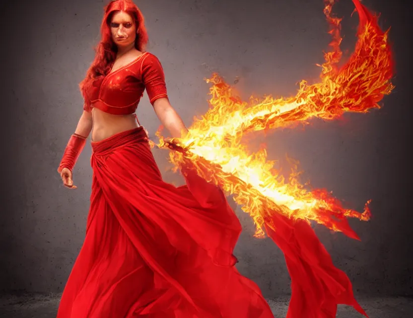 Prompt: half - human half - phoenix pyromancer in a red saree
