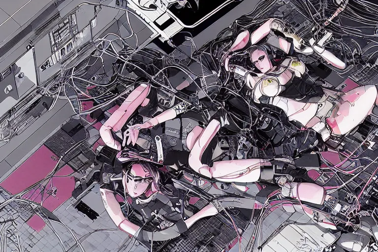 Image similar to a cyberpunk illustration of a group of female androids in style of masamune shirow, lying on an empty, white floor with their bodies scattered around in different poses and cables and wires coming out, by yukito kishiro and katsuhiro otomo, hyper-detailed, intricate, view from above