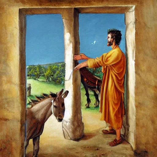 Image similar to man in ancient caananite costume painting a donkey on the doorpost of an ancient home