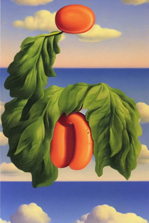 Image similar to Rene Magritte's Son Of Man painting of a bright hotdog vine growing in the clouds, the hotdog has a stem and leaves and is growing more unripe pink hotdogs on the hotdog vine, a baguette and a lobster can be seen in the sky behind