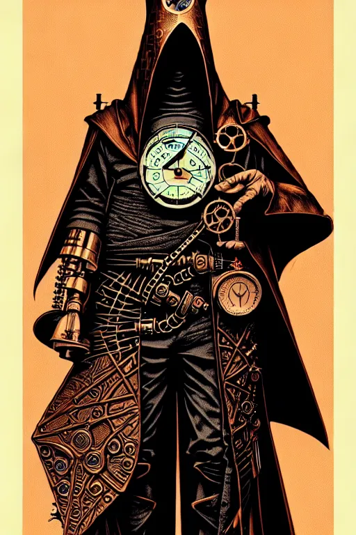 Prompt: cloaked steampunk wizard, high details, intricately detailed, by vincent di fate, inking, 3 color screen print, masterpiece, trending on artstation,, sharp, details, hyper - detailed, hd, 4 k, 8 k