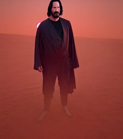 Image similar to keanu reeves as a jedi master, perfect symmetrical face, a red sand desert, full moon, moody lighting, 8 k, shallow depth of field, intricate detail,