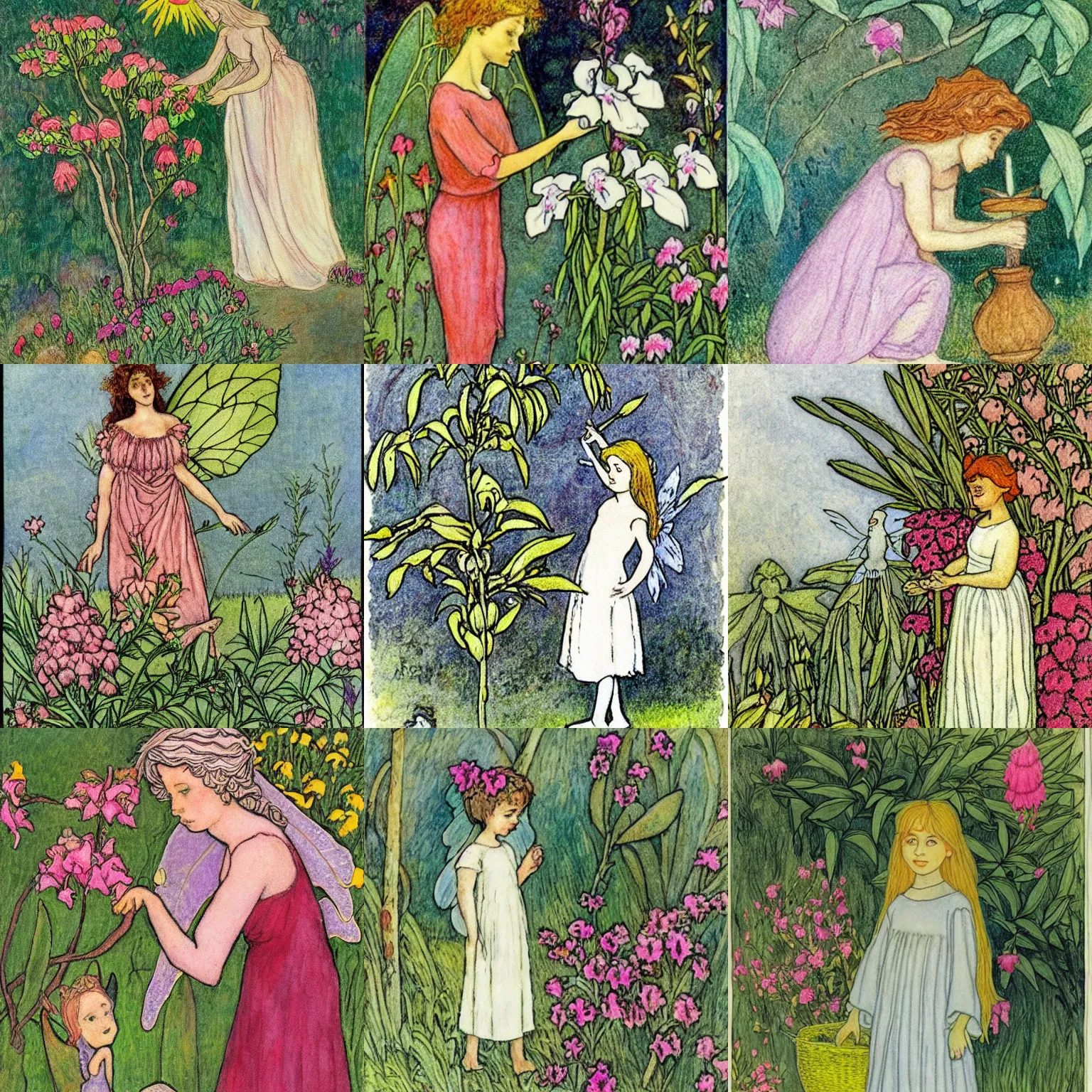 Prompt: a fairy posing with oleander by Elsa Beskow