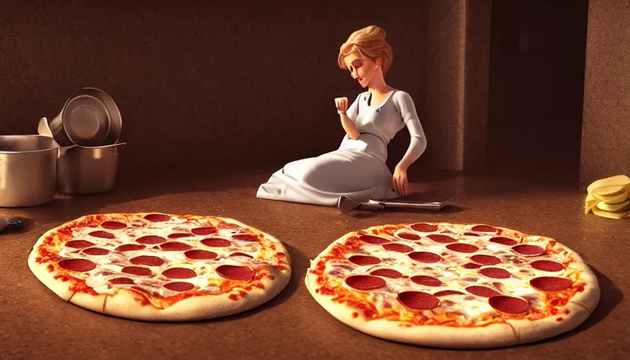 Prompt: cinderella making pizza, photorealistic rendering. artstation, 4 k, hyperrealism