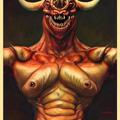 Image similar to upper body portrait a giant horned demon, by norman rockwell and boris vallejo, artstation, concept creature character art