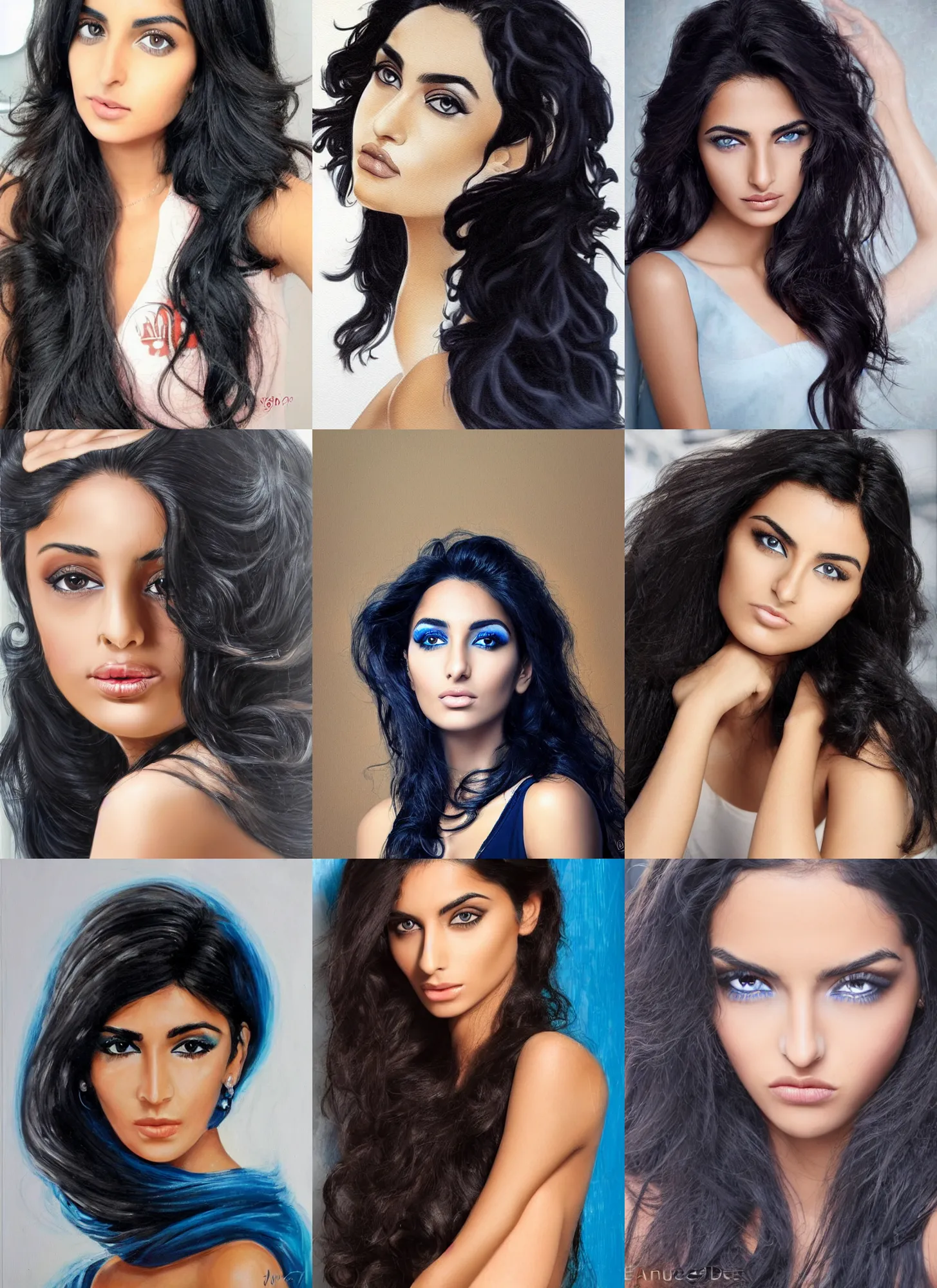 Prompt: tanned ameera al taweel, blue eyes, wavy black hair, beautiful by eugene emmanuel amaury duval