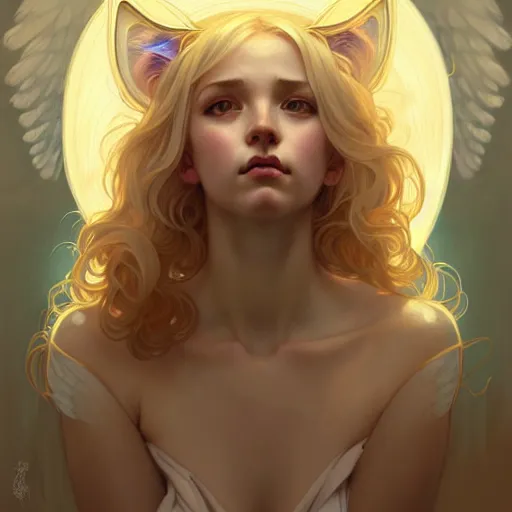 Image similar to Portrait of a girl angel with blonde hair, cat ears, glowing halo, wings, fantasy, intricate, elegant, highly detailed, digital painting, artstation, concept art, smooth, sharp focus, illustration, art by Krenz Cushart and Artem Demura and alphonse mucha