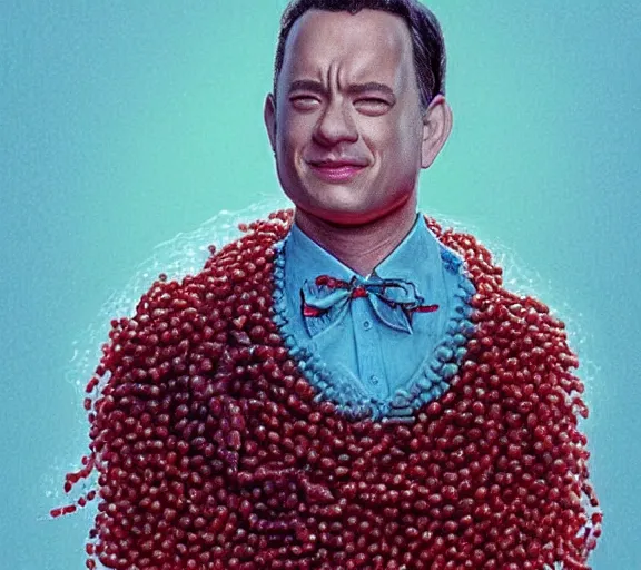 Image similar to Tom hanks as forrest gump wearing a necklace made out of shrimps around the neck, realistic face, digital art, in the style of Raphael Lacoste, amazing detail, artstation, long shot