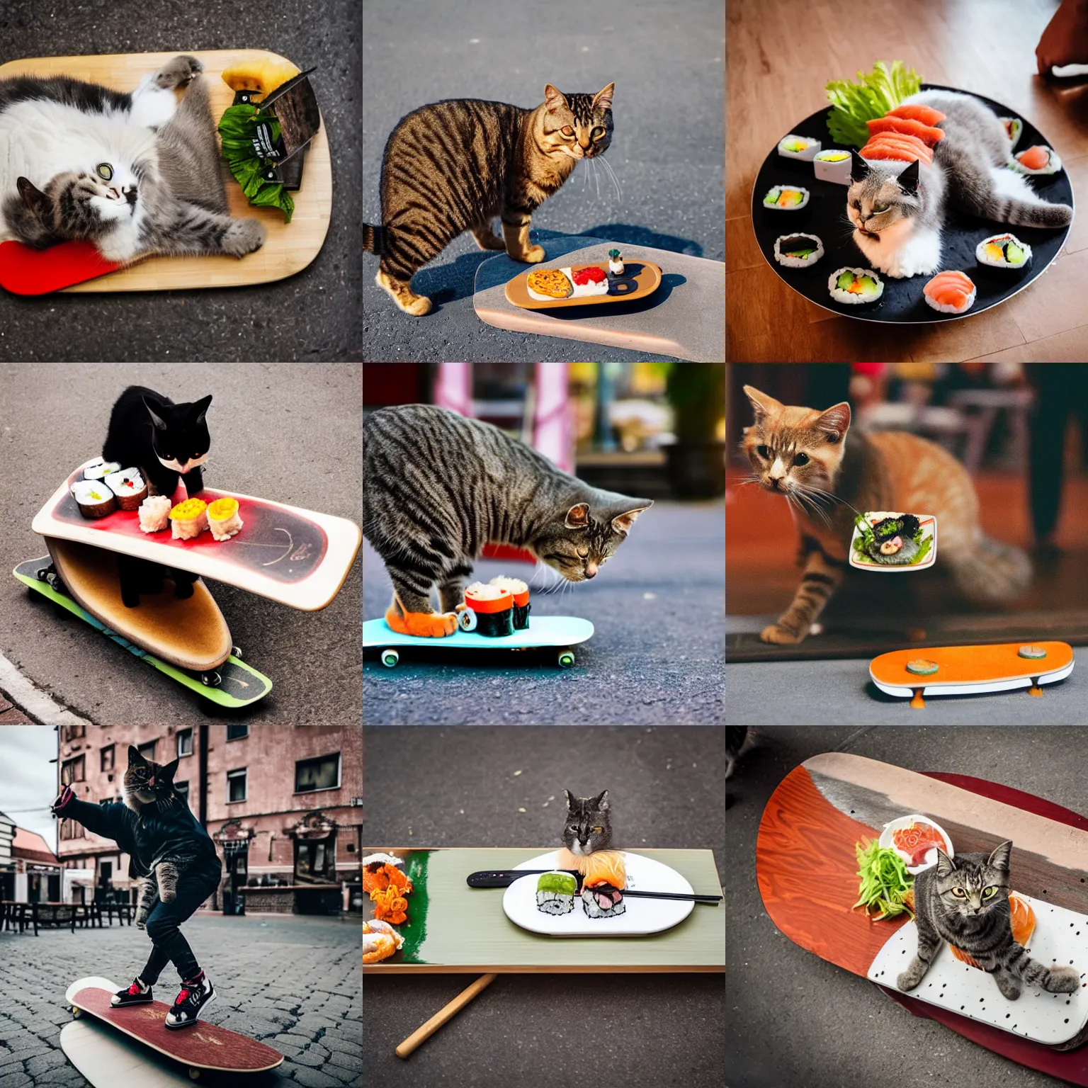 Prompt: cat standing on a skateboard with plate with sushi on skateboard, in legnica, documentary photograph