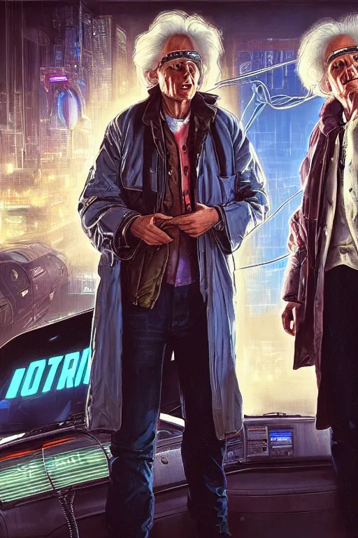 Image similar to hyperrealist portrait of marty mcfly and doc emmett brown, it is decorated with long wires and computer monitors in the cyberpunk office background. by jeremy mann and alphonse mucha, fantasy art, photo realistic, dynamic lighting, artstation, poster, volumetric lighting, very detailed faces, 8 k, award winning