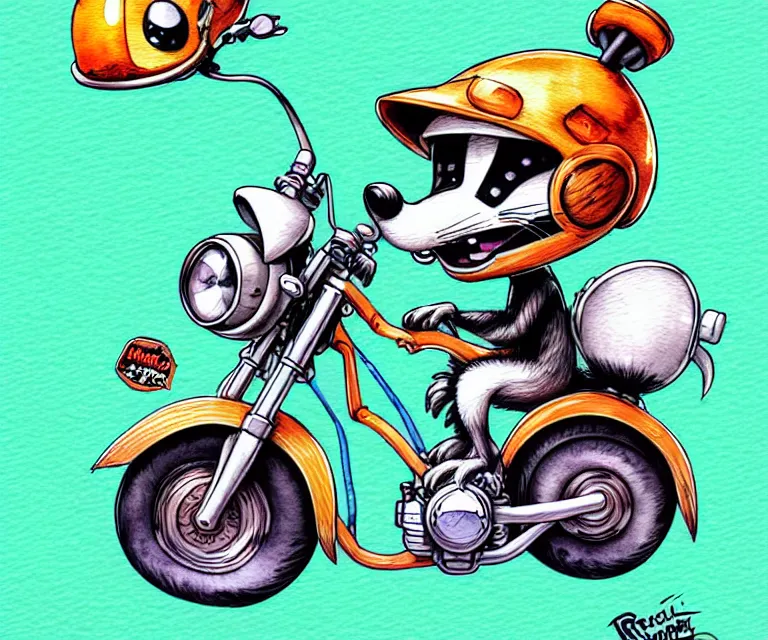 Image similar to cute and funny, racoon wearing a helmet riding on a tiny sport motorcycle with oversized engine, ratfink style by ed roth, centered award winning watercolor pen illustration, isometric illustration by chihiro iwasaki, edited by range murata