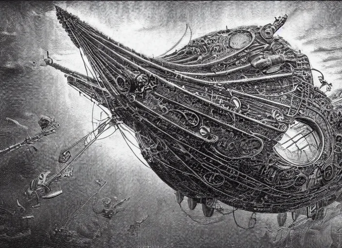 Prompt: detailed drawing of a steampunk spelljammer flying airship, illustrated by agostino arrivabene, hr giger, wayne barlowe, zdzisław beksiński, antiquity ship, ancient and modern, intricate details, clean linework, spacecraft, magical, sails, dragon