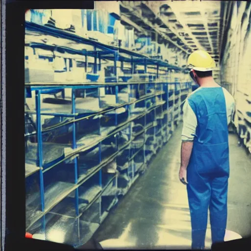 Image similar to a polaroid photo of man doing sort things into sort machines in warehouse, he's wearing blue cloth and construction hat,, photo from behind, highly details, perfect face shape, cinematic lighting,