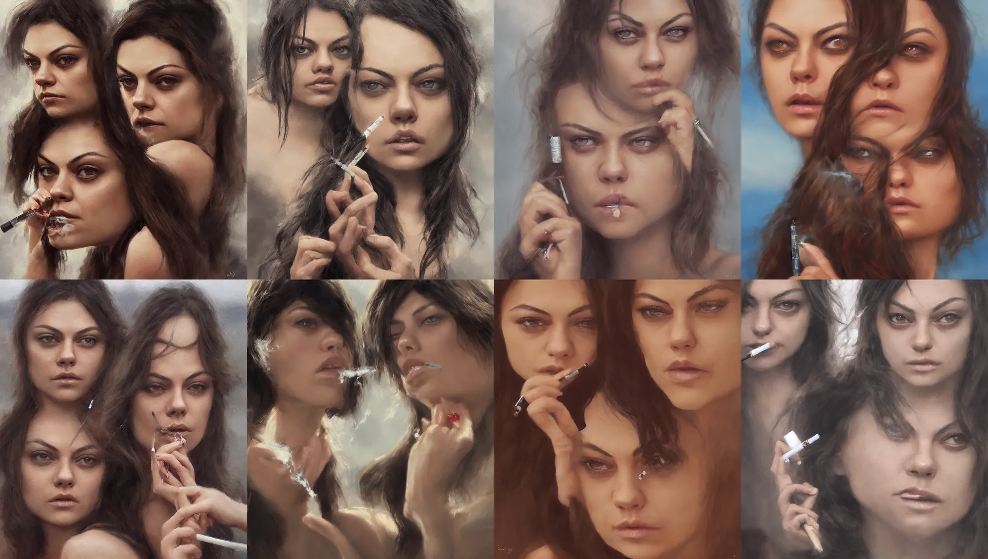 Image similar to winking mila kunis smoking a cigarette closeup portrait, dramatic light, lake background, 2 0 0 mm focal length, 1 9 7 0 s, painted by stanley lau, painted by greg rutkowski, painted by stanley artgerm, digital art, trending on artstation