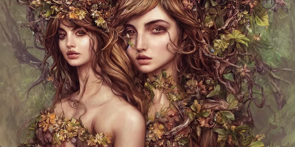 Image similar to ana de armas as a wood fairy, fantasy, intricate, elegant, highly detailed, digital painting, trending on artstation, digital illustration, in the style of Stanley Artgerm