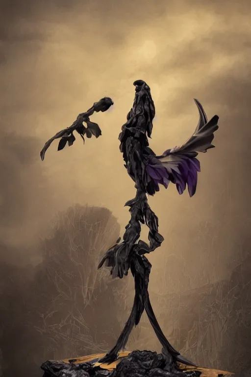 Prompt: a statue made of dark raven, dark purple lantern, inflateble shapes, mystery, mysterious, soft shadows, soft dark muted colors, simple shapes, golden ratio, perfect composition, darkness, masterpiece, dramatic, medium close - up ( mcu ), vogue, highly detailed, artstation, concept art, dark poisoned forest background, octane render