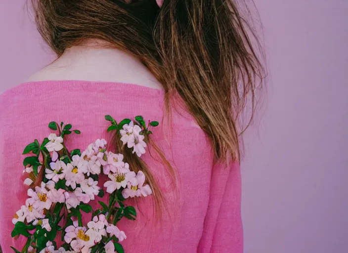 Image similar to photography, close-up of the back of a woman\'s head with interwoven flowers in center against a pink wall, daylight, 35mm