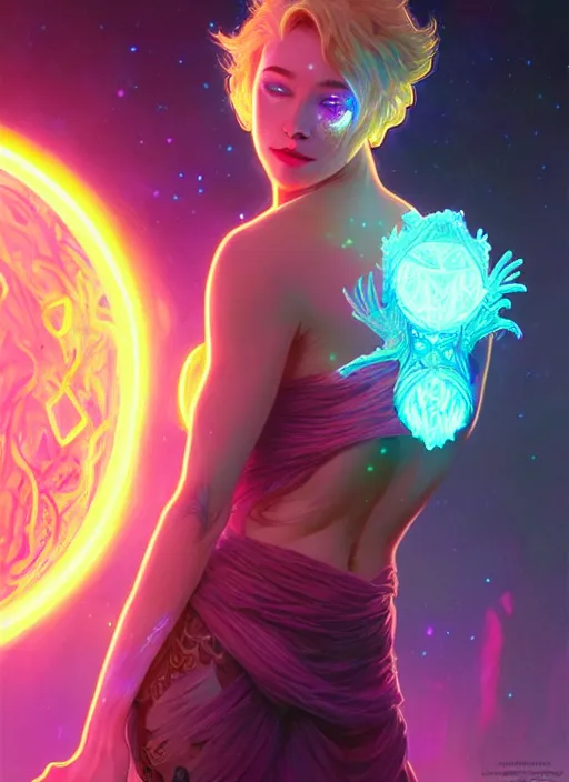 Image similar to a wolf faceless glowing liquefied stardust adventurer, dnd fantasy character, full body portrait, glowing neon skin, magical aura, ultra realistic, intricate, elegant, highly detailed, digital painting, artstation, smooth, sharp, focus, illustration, art by artgerm and greg rutkowski and alphonse mucha and dan mumford, sacred geometry