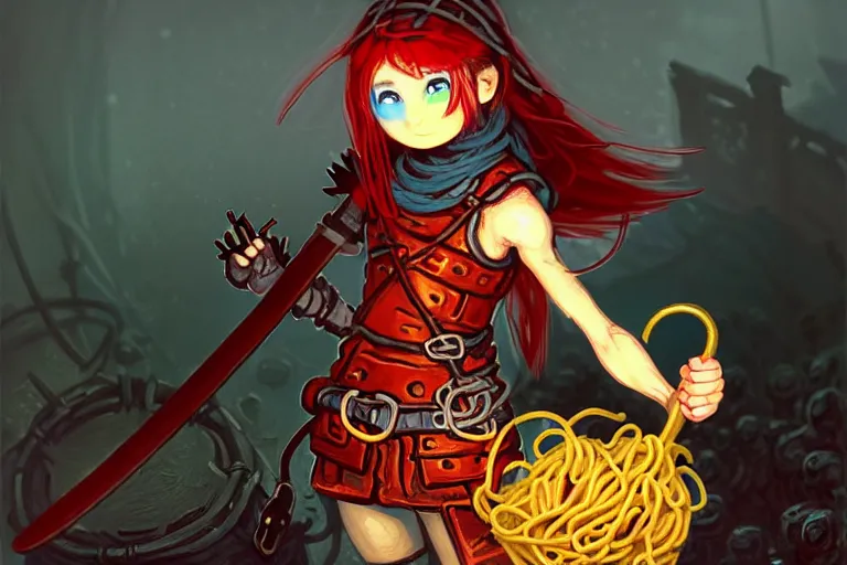 Prompt: A cute spaghetti-girl thief protagonist with leather-strap-armor and ninja weapons is exploring the grimdarkest dungeon depths. trending on Pixiv. trending on ArtStation. A vibrant digital oil painting. A highly detailed fantasy character illustration by Wayne Reynolds and Charles Monet and Gustave Dore and Carl Critchlow and Bram Sels | A concept of Melancholic Euphoric heartshine in the crush of oblivion.