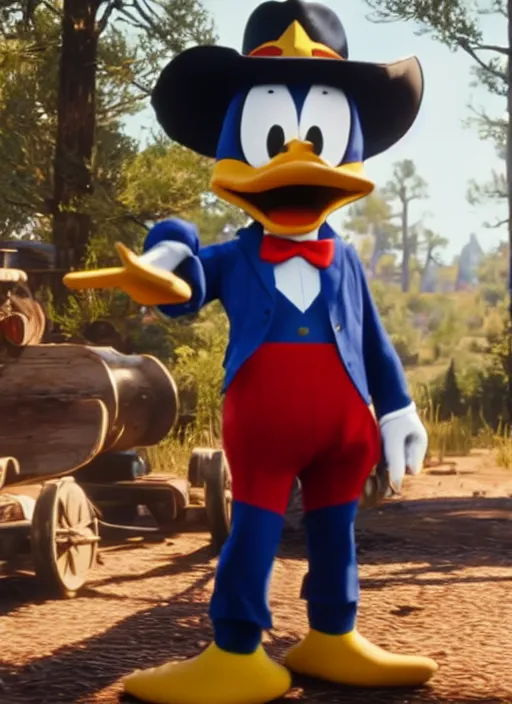 Prompt: film still of donald duck in red dead redemption 2 ( 2 0 1 8 video game )