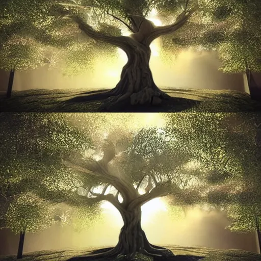 Prompt: fabulous, mighty, onimous tree in a fantasy world, dreamlike sunraise, ultra realistic, ultra detailed