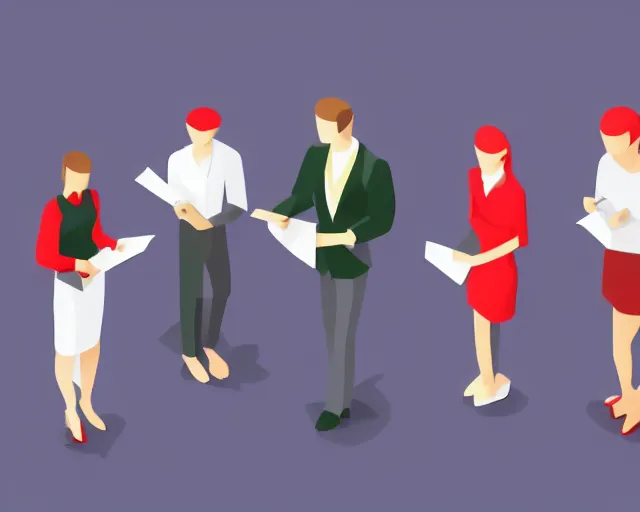 Prompt: A small group of miniature professional people holding white papers, isometric, highly detailed, sharp lines, angular, clean background, 16-color