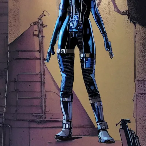 Image similar to Selina. Apex legends cyberpunk spy in stealthsuit. Concept art by James Gurney and Mœbius.