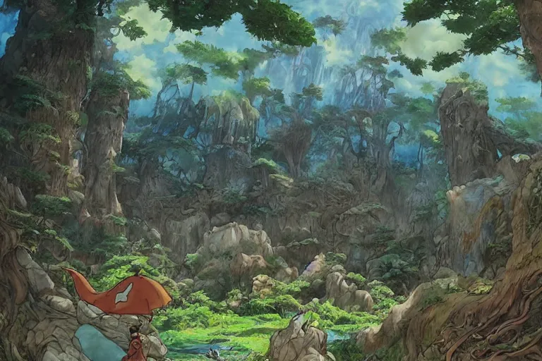 Image similar to land overtaken by nature, nausicaa, painting, giant fantasy animals, watercolor, concept art, studio ghibli, by hayao miyazaki