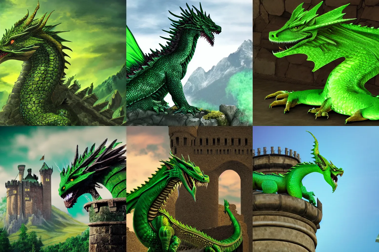 Prompt: a majestic green dragon sitting on top of a castle, photorealistic