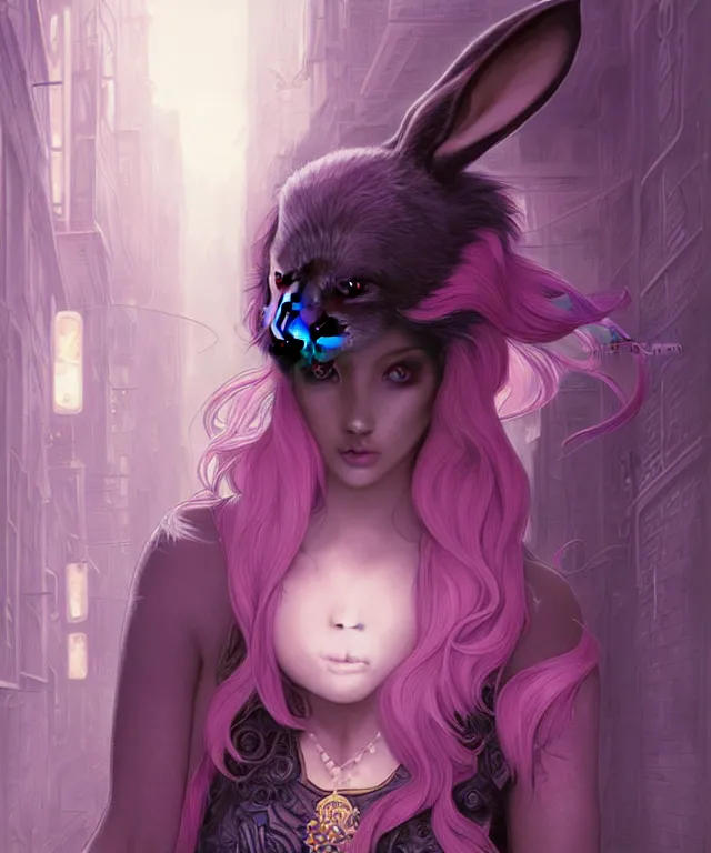 Image similar to anthropomorphic female Rabbit, eastern european origin, sci-fi, pink eyes, face, black and purple hair, fantasy, intricate, elegant, new york alleyway, moonlit, highly detailed, digital painting, artstation, concept art, smooth, sharp focus, illustration, art by artgerm and greg rutkowski and alphonse mucha