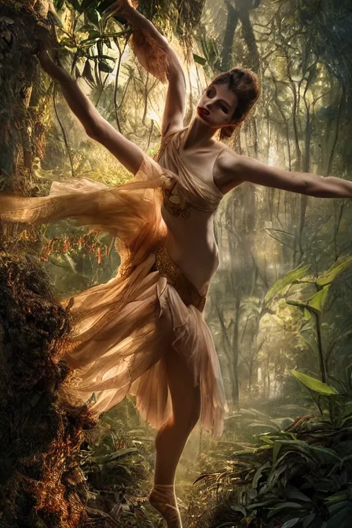 Prompt: stunningly beautiful, turkish prima ballerina in jungle, symmetrical face, golden hour, smooth, focus, highly detailed, hyper realistic, dramatic lighting, elegant, intricate, concept art, art by wlop, mars ravelo, greg rutowski