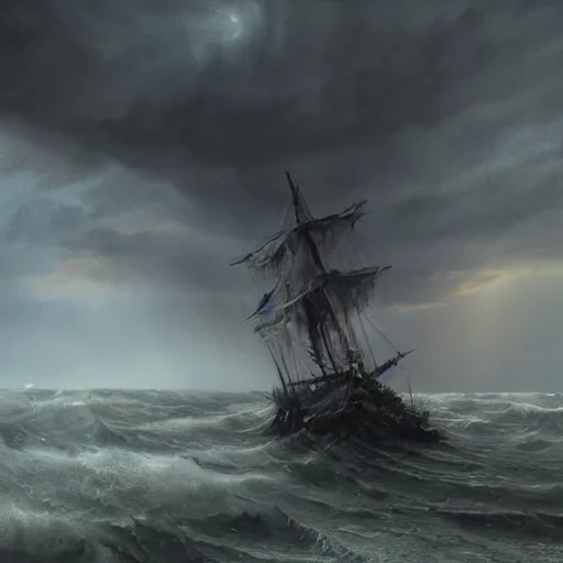 Prompt: dark concept art of ships in a thunderstorm, stoic, windy, dramatic, epic painting, dark clouds, thunderstom, rain, medieval, dark concept art, dark skies painting by wlop, nixeu and greg rutkowski, beautiful, semirealism, artstation, octane render, oil painting, sharpness, 8 k, golden ratio