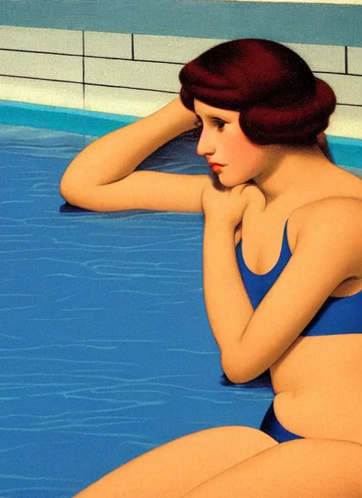 Prompt: portrait of a girl, in retro swimsuit, lying by the pool, minimalist oil painting by john godward, cheng, hsiao - ron, flat colors, beautiful lightning, sharp