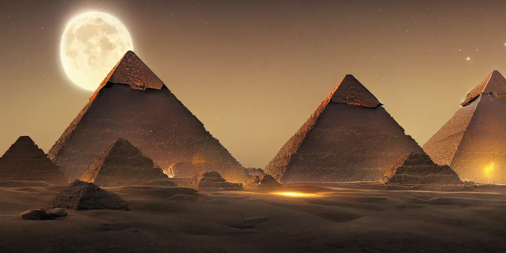 Image similar to huge asteroid impacting the pyramids, a lot of flying debris, greg rutkowski, 8 k, shallow depth of field, full moon, ultra high detail, concept art,