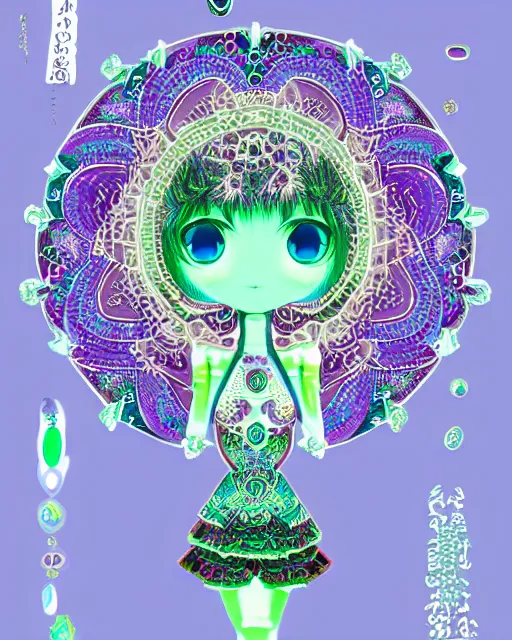 Prompt: fractal mandala funny nendroid nendroid girl very funny joy emoji psy trip ghost color an ancient white bone and emerald gemstone relic, intricate engraving concept art style