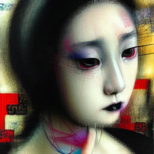 Image similar to yoshitaka amano blurred and dreamy realistic portrait of a young woman with black lipstick and black eyes wearing office suit with tie, junji ito abstract patterns in the background, satoshi kon anime, head turned to the side, noisy film grain effect, highly detailed, renaissance oil painting, low camera angle, blurred lost edges