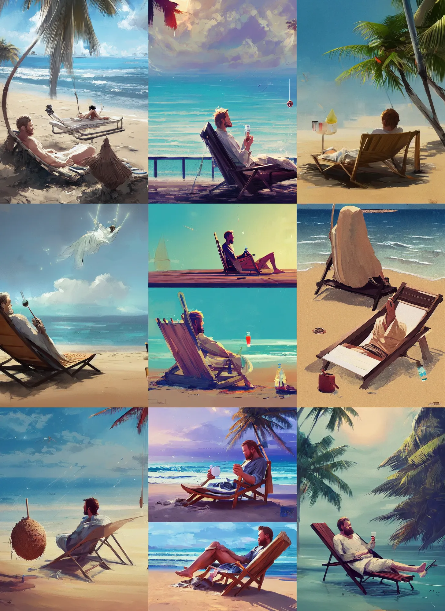 Prompt: a beautiful digital painting art of obi wan kenobi lying on a deck chair on the beach and drinks his drink from a coconut, artwork by ismail inceoglu, trending on artstation