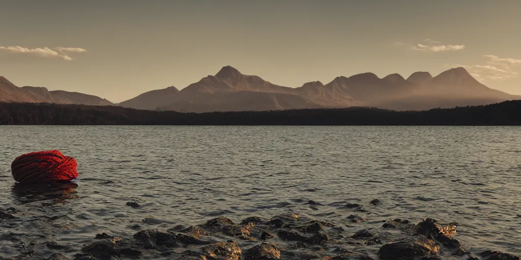 Image similar to a bundle of rope floating in the water in the middle of a lake, a rocky shore in the foreground, mountains in th ebackground, sunset, a bundle of rope is in the center of the lake, eerie vibe, leica, 2 4 mm lens, 3 5 mm kodak film, directed by charlie kaufman, f / 2 2, anamorphic