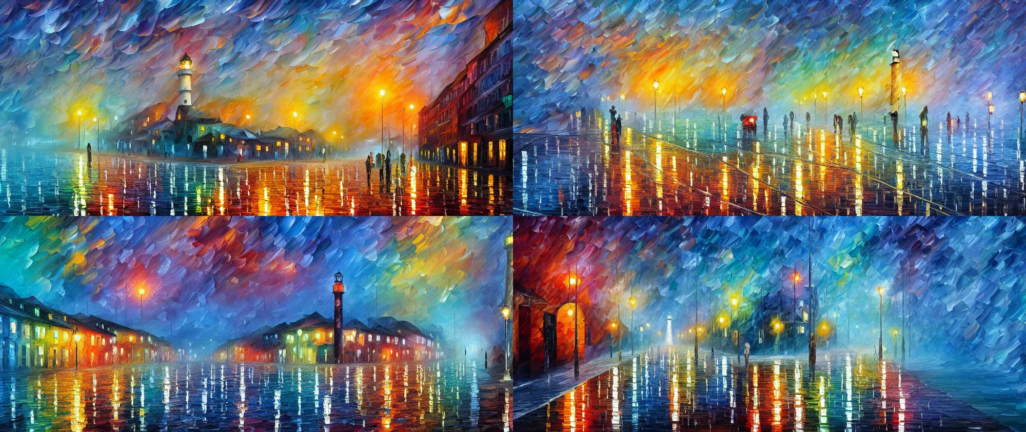 Prompt: closeup of wet city street leading to ocean, reflections, lighthouse, shimmering iridescent water, in the style of Leonid Afremov, Zdzislaw Beksinski and Canaletto, highly detailed, soft lighting, film grain, medium format, 8k resolution, oil on canvas