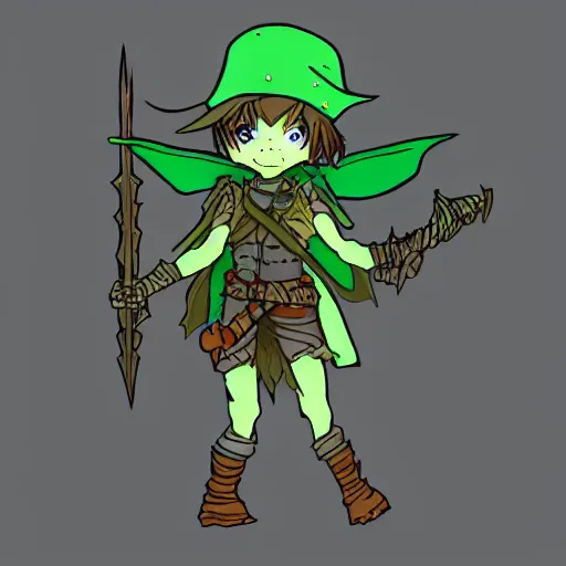 Image similar to cute tiny goblin girl with green skin wearing hunter armor from Bloodborne and a wizard hat, d&d, digital art, picrew