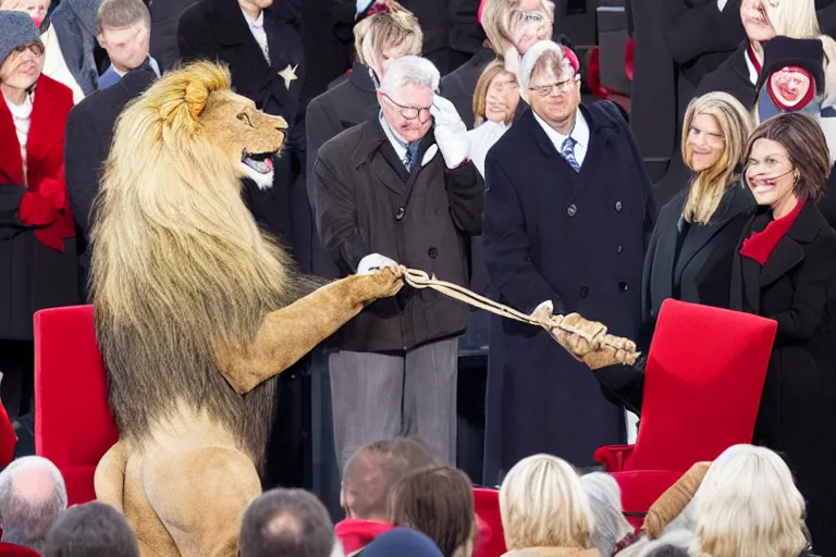 Image similar to photo of the usa presidential inauguration, a lion fursuiter being inaugurated as president