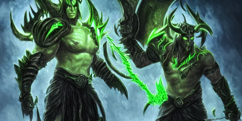 Prompt: illidan stormrage the demon hunter with his blades ultra details background trending on artstation digital painting splashart drawn by a professional artist