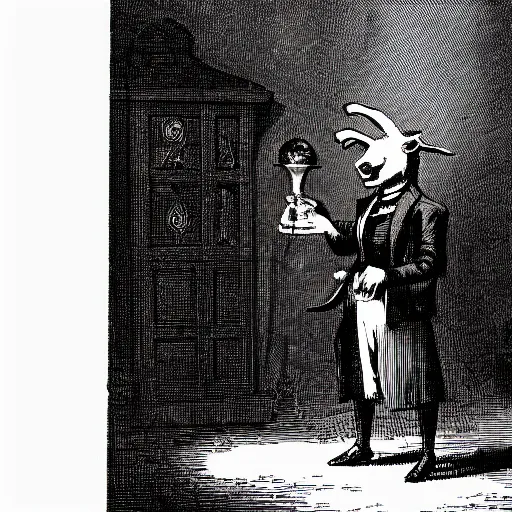 Image similar to Photo of a goat-headed victorian-style magician in a dimly lit room of a gothic castle