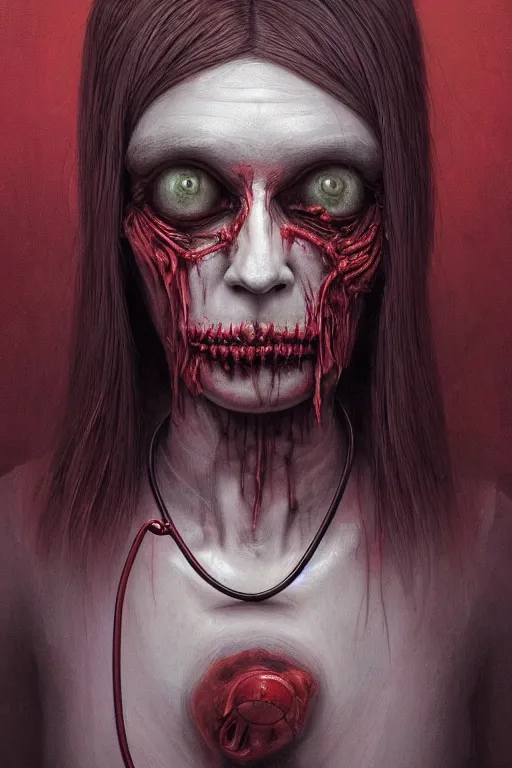 Image similar to cartoon grunge portrait of a creepy horror nurse girl . intricate abstract. intricate artwork. nightmare fuel. terrifying. by Tzdzisław Beksiński, wlop, dan mumford , trending on artstation, greg rutkowski very coherent symmetrical artwork. cinematic, hyper realism, high detail, octane render, 8k