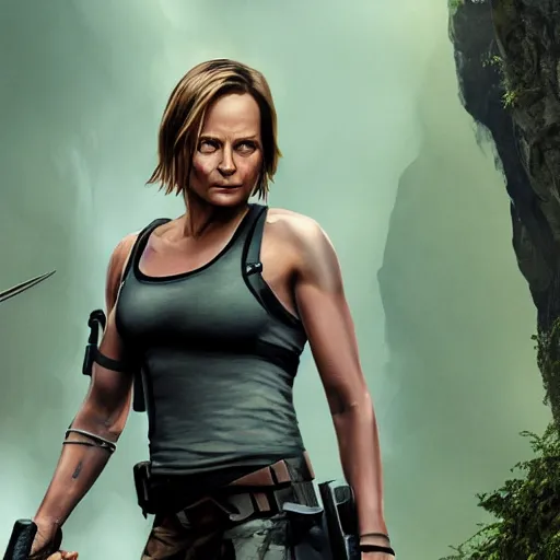 Prompt: jodie foster as lara croft, 8 k, realistic, high detail, hd face